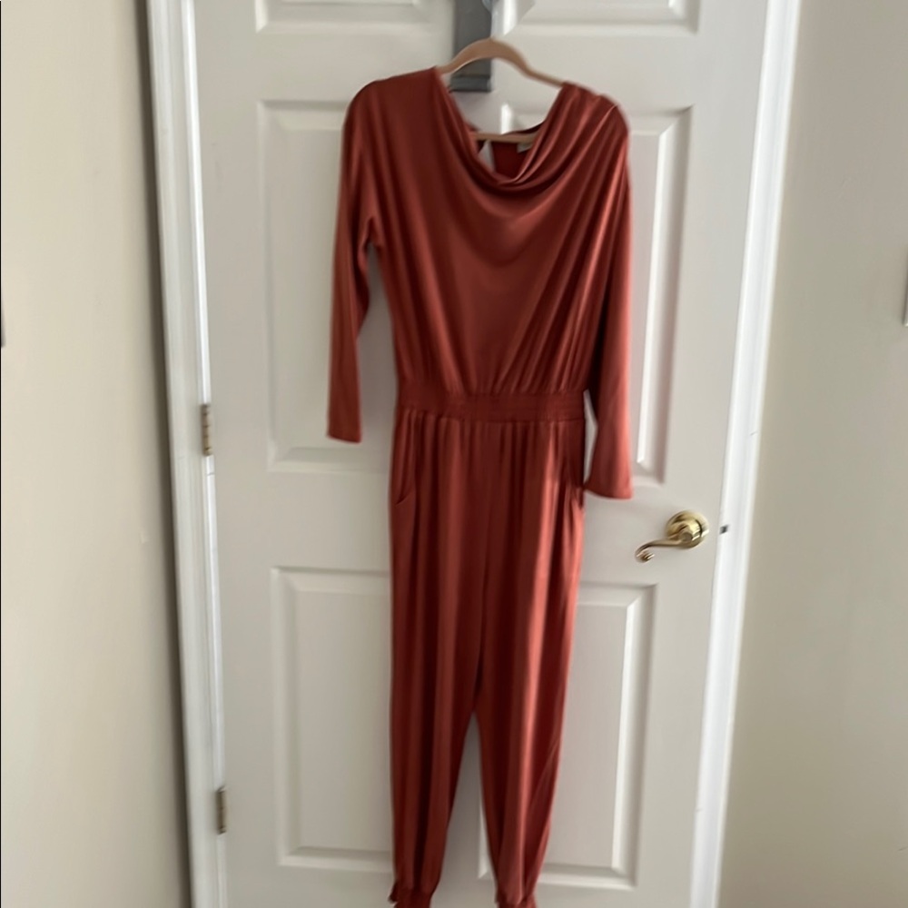 Anthropologie Brown Jumpsuit with Draped Neckline and Long Sleeves